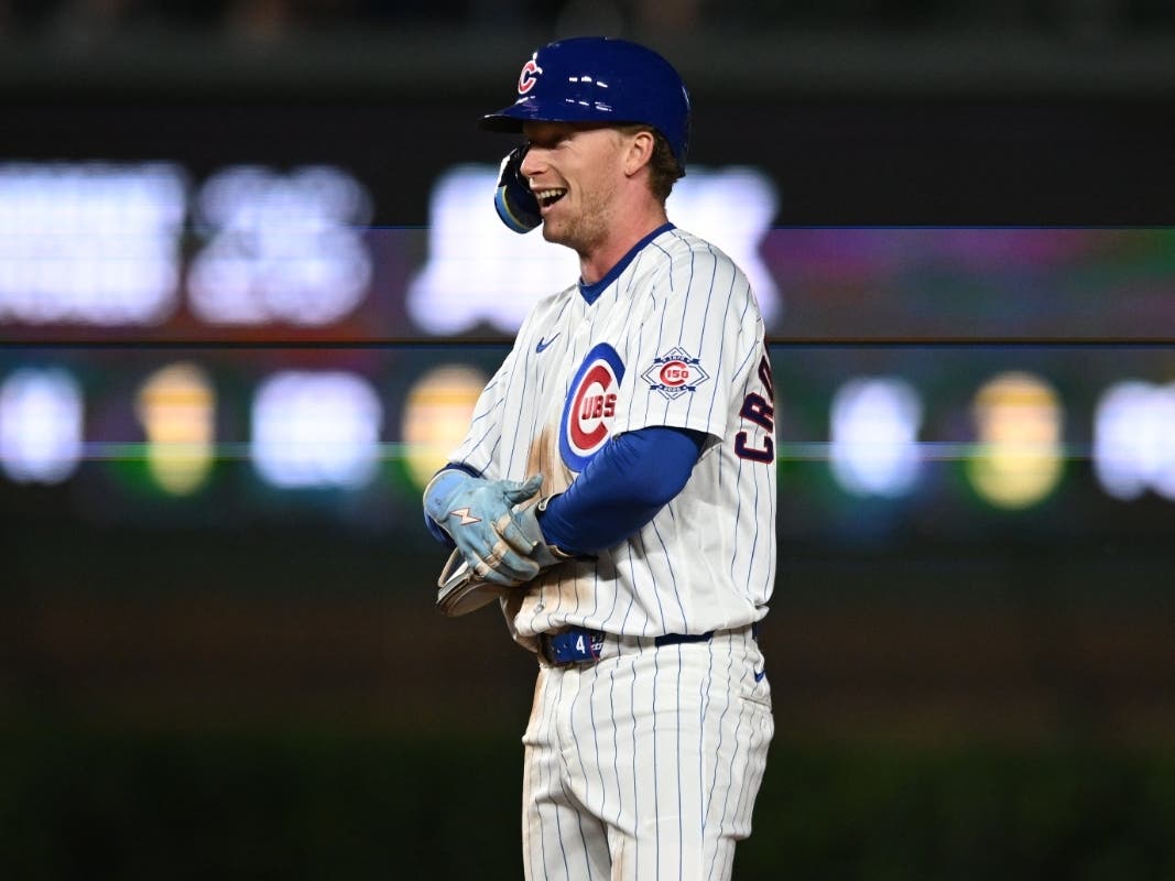 Chicago Cubs' Pete Crow-Armstrong celebrates after stealing second base during the third inning of a baseball game against the Miami Marlins Tuesday, Sept. 22, 2026, in Chicago.