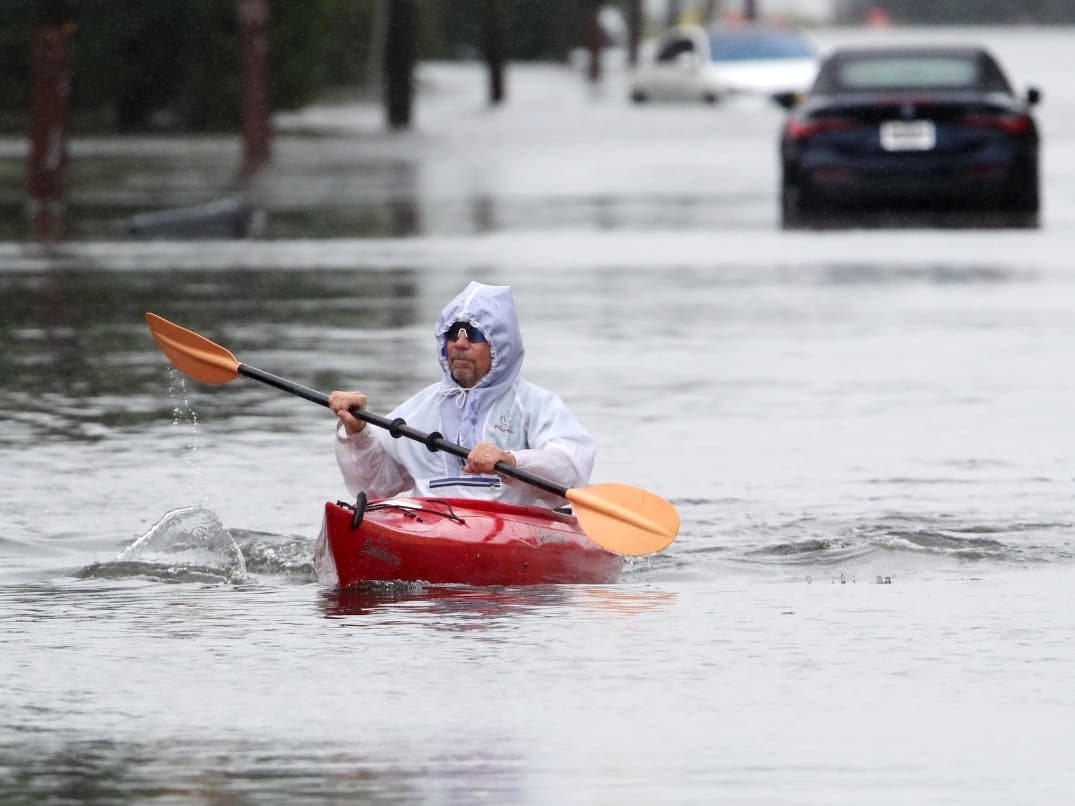 Ted Friedli kayaks his way through a flooded section of Florence Ave. during a nor'easter in Long Branch, N.J., Saturday, Sept. 26, 2026 