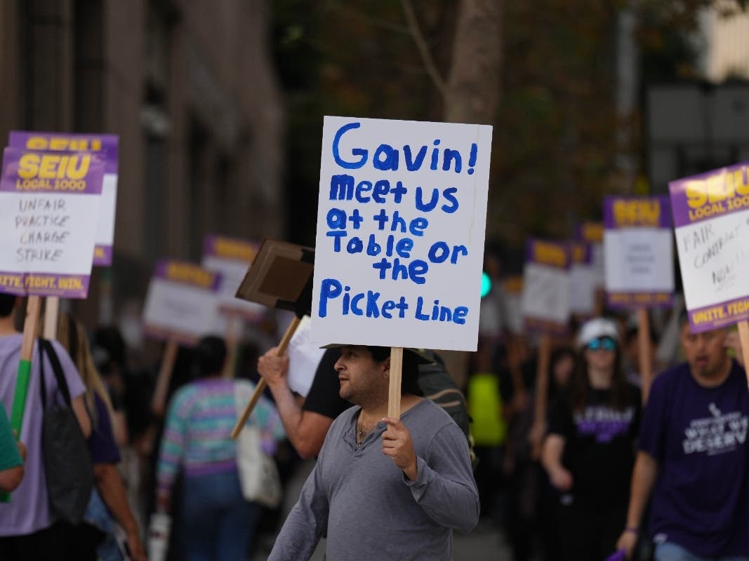 A person holds a placard in support of SEIU Local 1000 state workers during a one-day strike on Wednesday, Oct. 21, 2026, in Los Angeles.