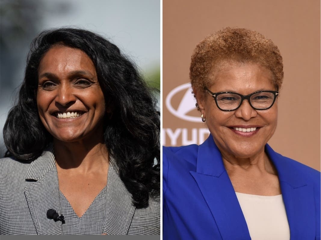 This photo combo shows from left, Nithya Raman, a candidate in the Los Angeles mayoral race on Monday, June 1, 2026 and Los Angeles mayor Karen Bass on Sunday, June 28, 2026,