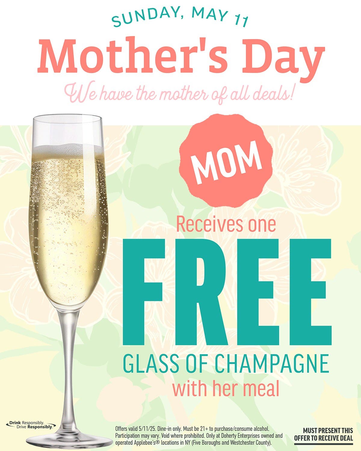 Celebrate Mother’s Day at Applebee’s Mohegan Lake with Complimentary Champagne!  