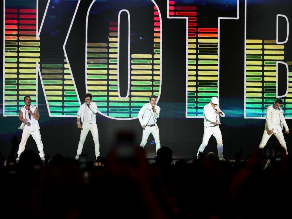 Jonathan Knight, Jordan Knight, Joey McIntyre, Donnie Wahlberg and Danny Wood with New Kids on the Block Perform during the Mixtape Tour at State Farm Arena on Thursday, July 11, 2019, in Atlanta. 