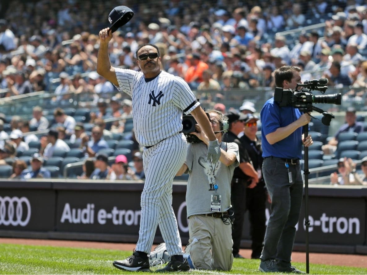 Former New York Yankee Jesse Barfield is introduced during Old Timer's Day at Yankee Stadium, Sunday, June 23, 2019, in New York.