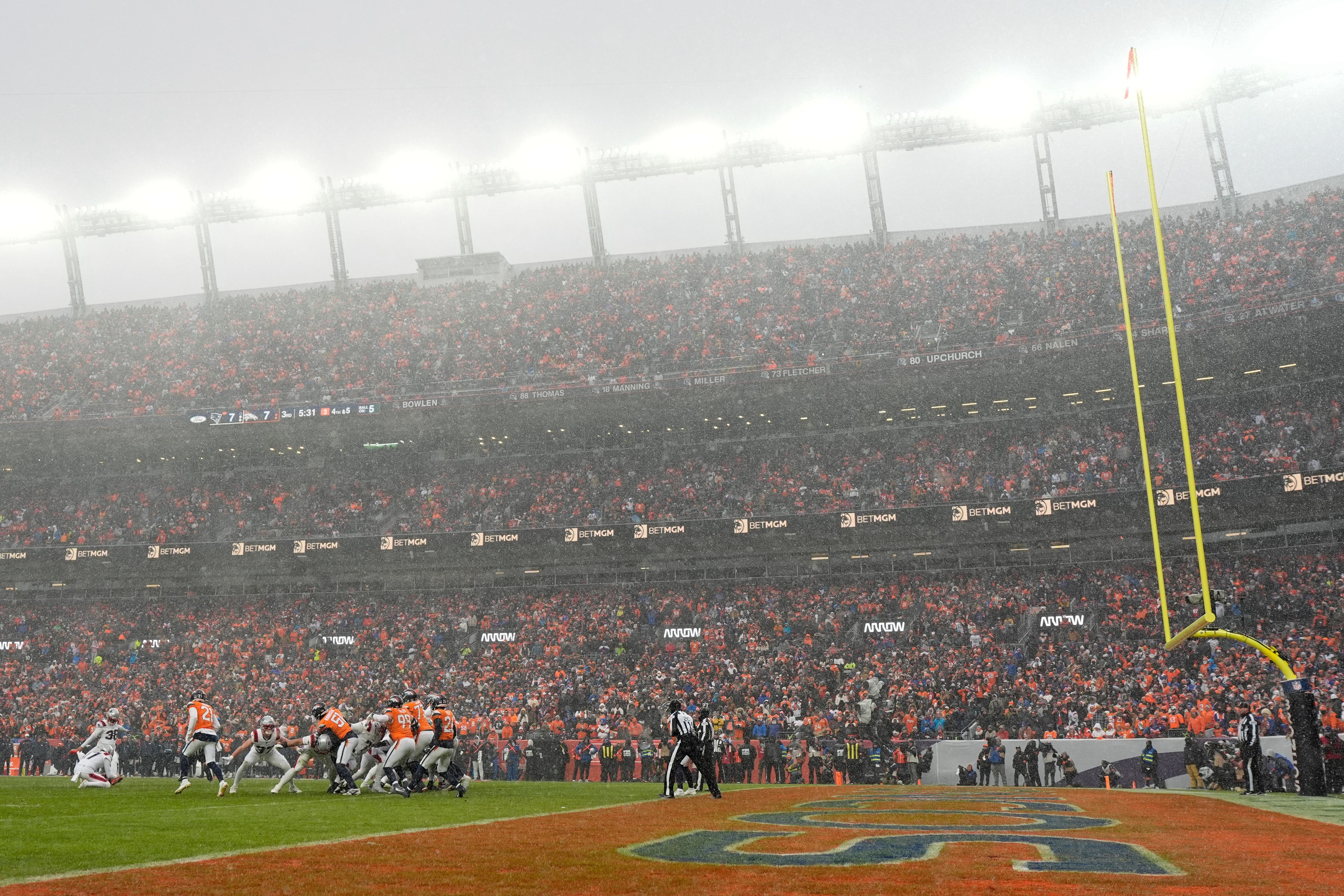 New England Patriots kicker Andy Borregales kicks a field goal against the Denver Broncos during the second half of the AFC Championship NFL football game, Sunday, Jan. 25, 2026, in Denver. (AP Photo/Ashley Landis)