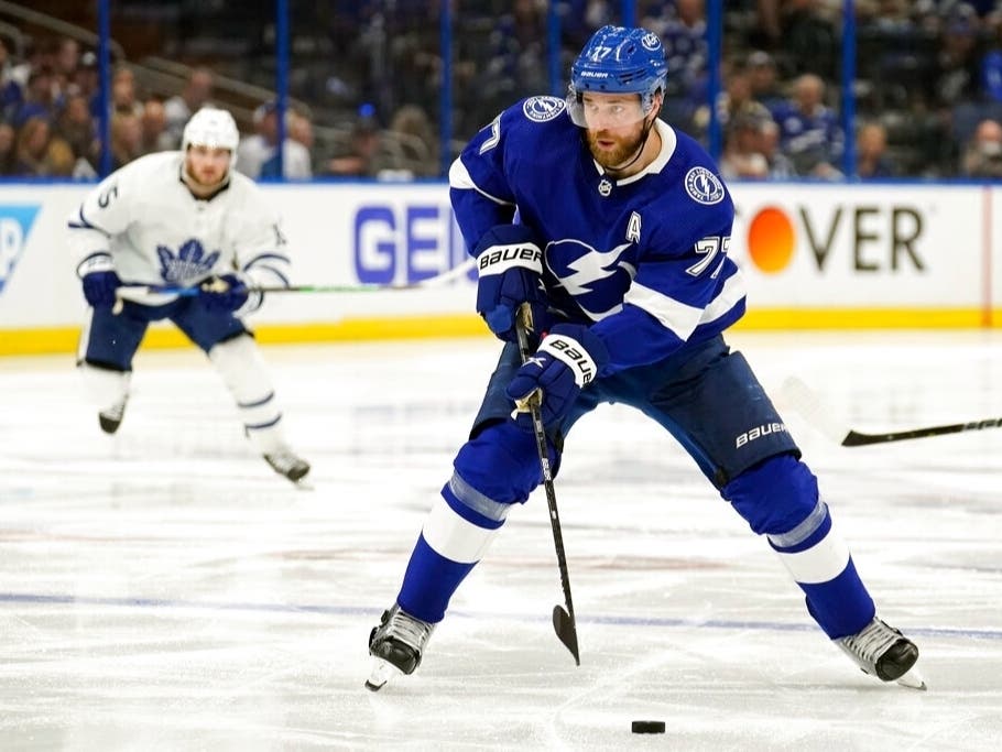 Tampa Bay Lightning defenseman Victor Hedman (77) carries the puck into the offensive zone against the Toronto Maple Leafs during the second period of Game 6. 