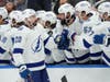 Tampa Bay Lightning left wing Nicholas Paul (20) is congratulated for his goal against the Toronto Maple Leafs during the second period in Game 7 of the first-round series of the Stanley Cup playoffs Saturday.