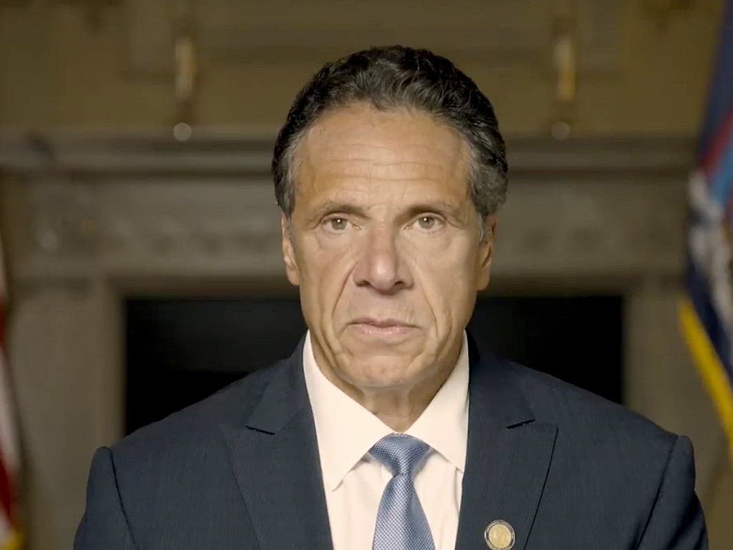 In this image taken video provided by Office of the NY Governor to the Associated Press, New York Gov. Andrew Cuomo makes a statement on a pre-recorded video released, Tuesday, Aug. 3, 2021, in New York.