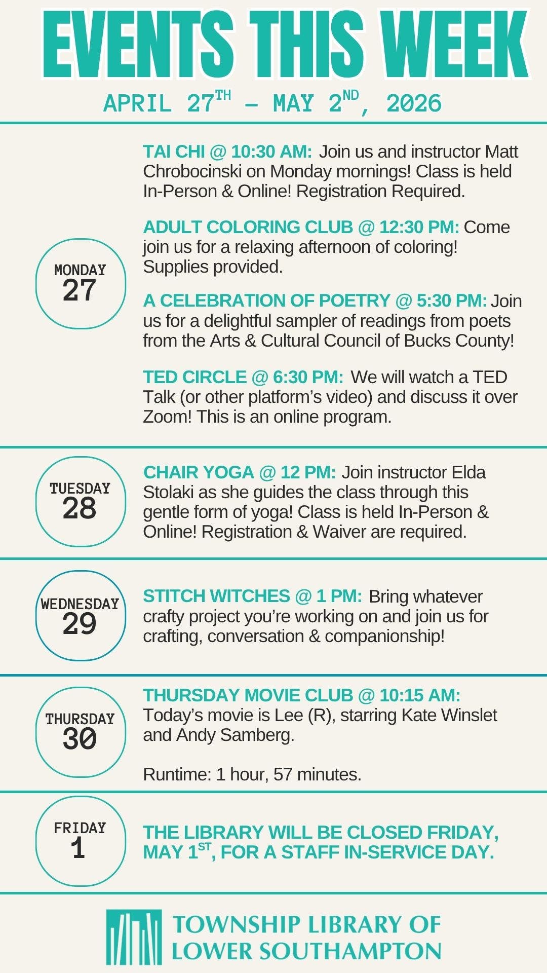 This Week's Adult Programs at the Feasterville Library...