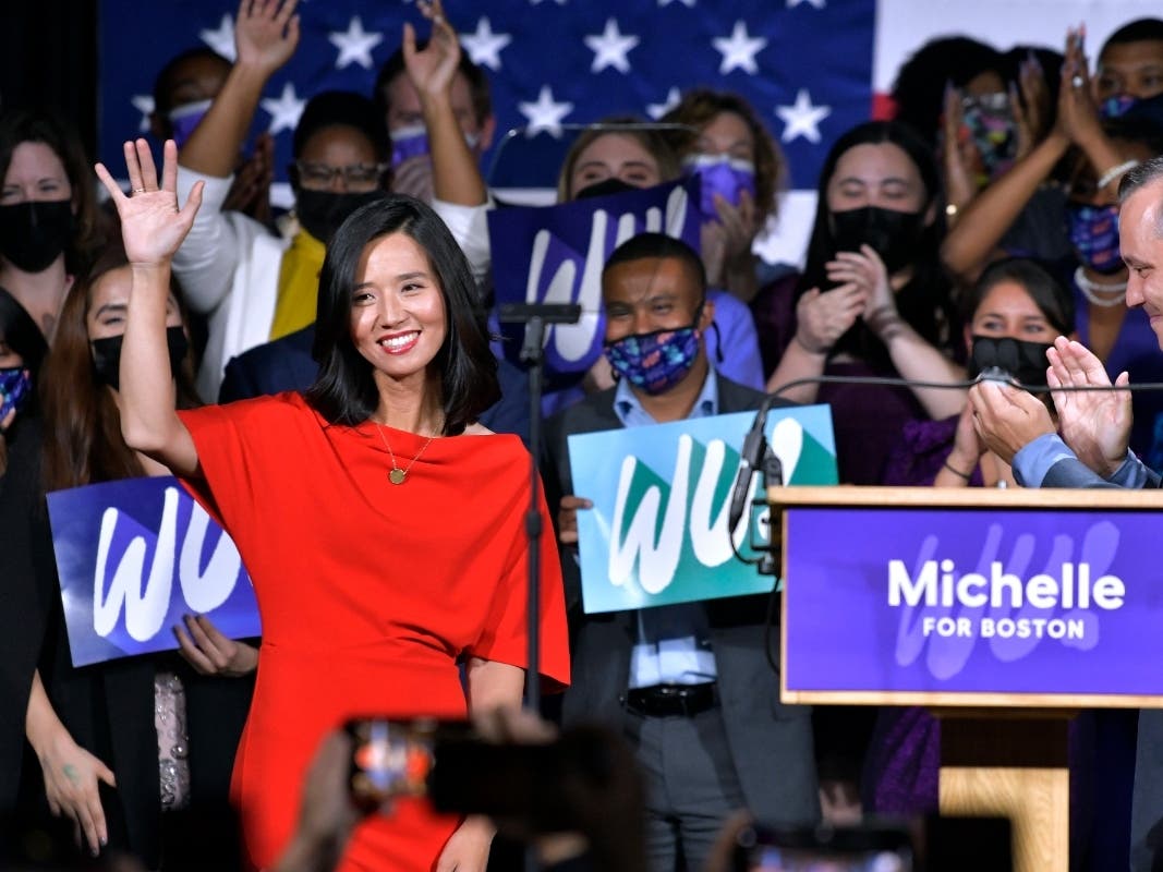 Boston Mayor-elect Michelle Wu greets supporters at her election night party, Tuesday Nov. 2, 2021, in Boston. Wu defeated fellow City Councilor Annissa Essaibi George in the race.