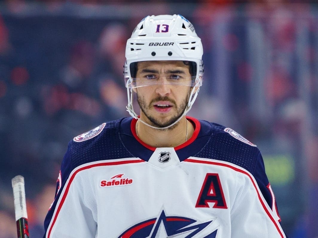 FILE - Columbus Blue Jackets' Johnny Gaudreau looks on during an NHL hockey game against the Philadelphia Flyers, Tuesday, April 11, 2023, in Philadelphia.