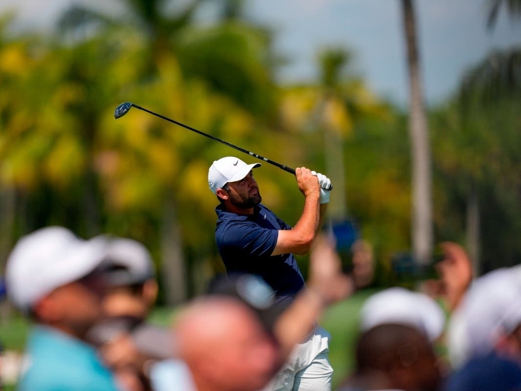 Scottie Scheffler hits from the third tee during the first round of the Cadillac Championship PGA golf tournament Thursday, April 30, 2026, in Doral, Fla. Scheffler won last year's PGA Championship.