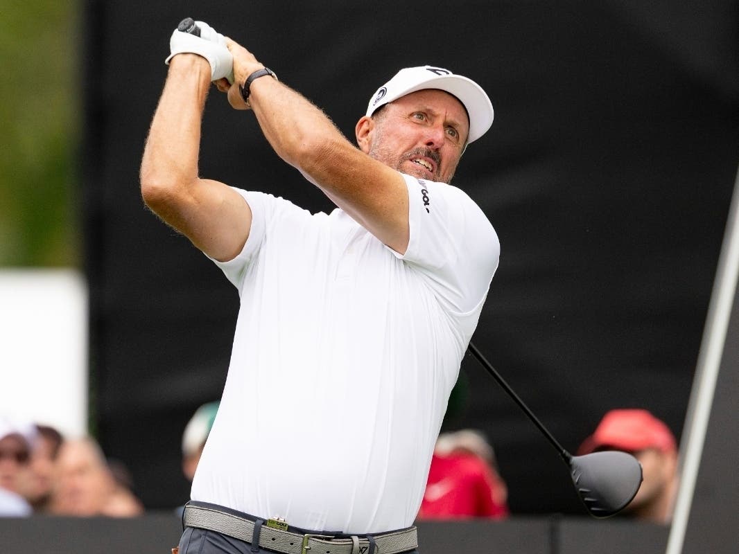 Captain Phil Mickelson of HyFlyers GC hits his shot from the second tee during the semifinals of LIV Golf Team Championship Michigan at The Cardinal at Saint John's on Saturday, August 23, 2025 in Plymouth, Michigan.