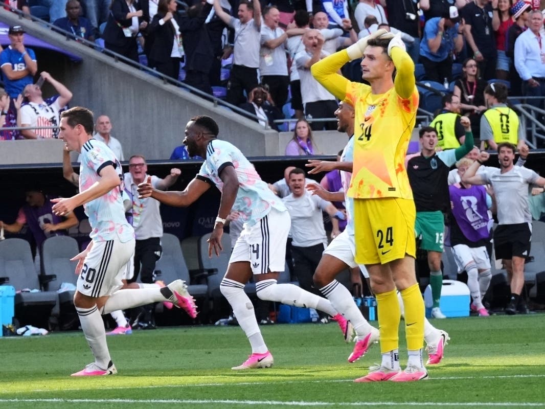 United States goalkeeper Matt Freese (24) reacts after Belgium scores their third goal during the World Cup round of 16 soccer match in Seattle, Monday, July 6, 2026.