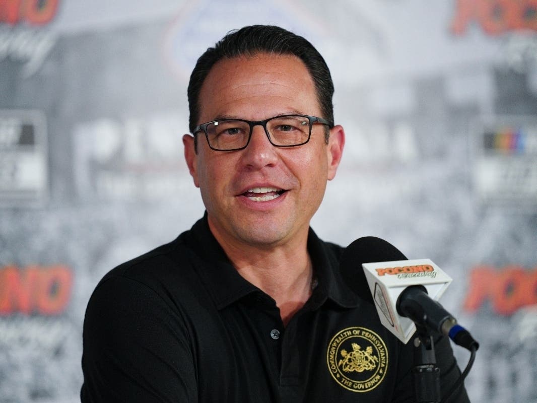 Pennsylvania Gov. Josh Shapiro talks to the media prior to a NASCAR Cup Series auto race at Pocono Raceway, Sunday, June 14, 2026, in Long Pond, Pa.