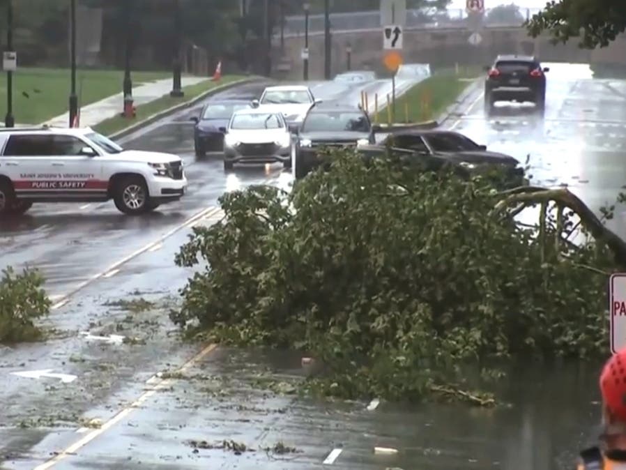 Philadelphia area digs out from damage left by a severe series of microburst storms: This image taken from video shows a broken tree branch on a street, Sunday, July 12, 2026 after a line of severe, short thunderstorms passed through the city a day prior.