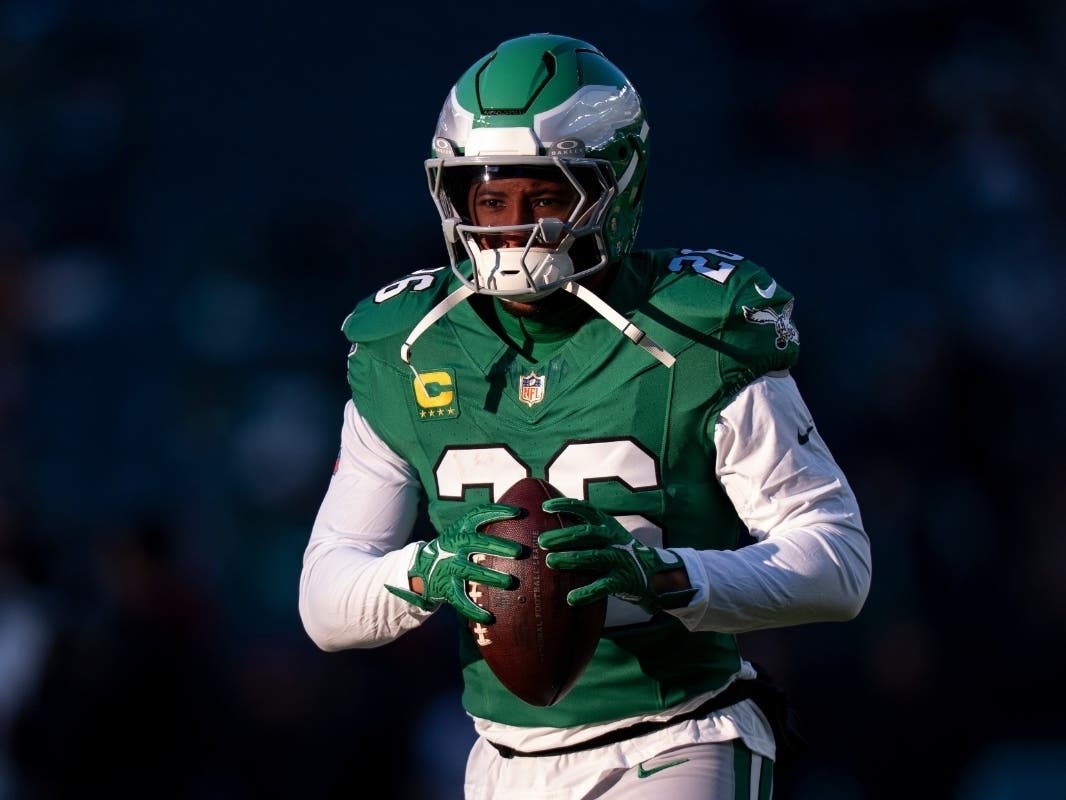 Philadelphia Eagles running back Saquon Barkley in action prior to an NFL football game against the Washington Commanders, Sunday, Jan. 4, 2026, in Philadelphia.
