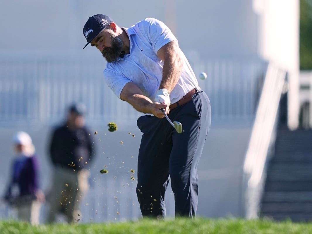 Former Philadelphia Eagles football player Jason Kelce hits on the 16th hole during a pro-am before the Truist Championship golf tournament at the Philadelphia Cricket Club, Wednesday, May 7, 2025, in Flourtown, Pa.