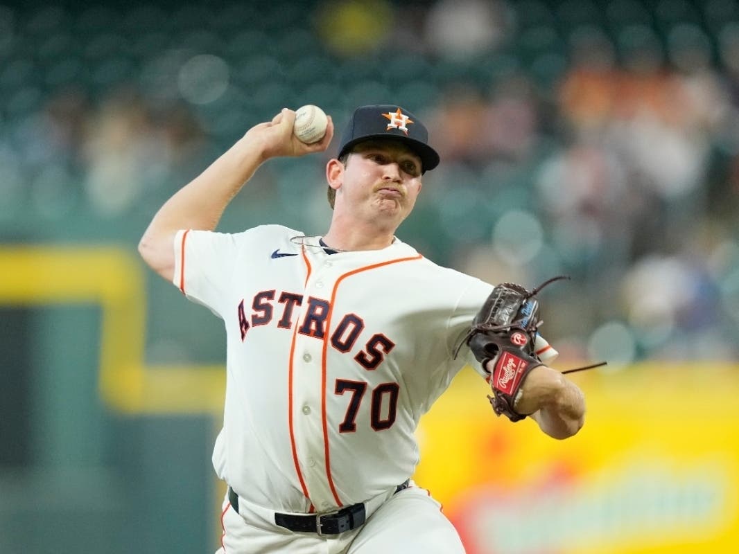 Houston Astros starting pitcher Ethan Pecko throws against the Los Angeles Angels during the first inning of a baseball game Wednesday, Aug. 19, 2026, in Houston.