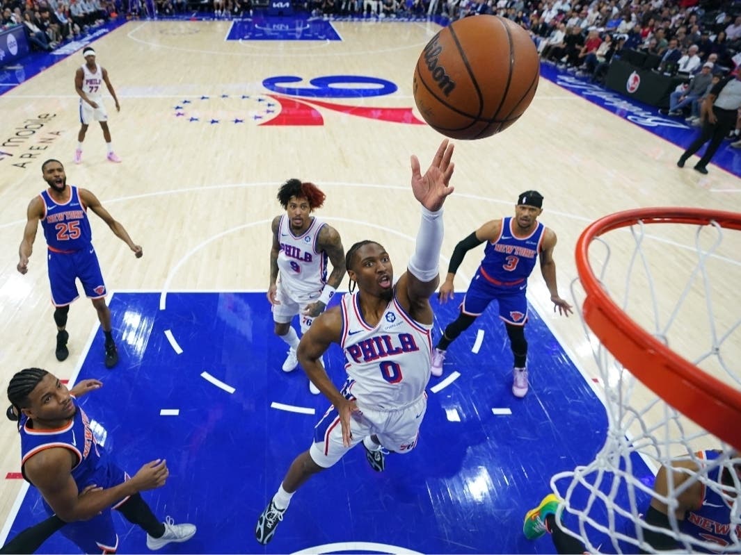 Philadelphia 76ers' Tyrese Maxey goes up for a shot during the first half of Game 4 against the New York Knicks in a second-round NBA basketball playoffs series Sunday, May 10, 2026, in Philadelphia.