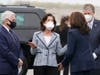 Vice President Kamala Harris was greeted (from left) by Sen. Jack Reed, Commerce Secretary Gina Raimondo and Gov. Dan McKee. 