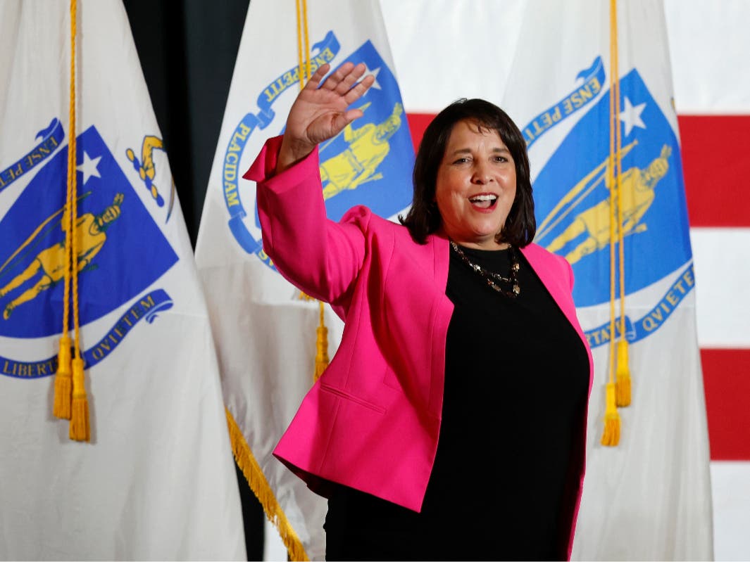 Kim Driscoll takes the stage as the state's Lt. Gov.-elect during a Democratic election night party Tuesday, Nov. 8, 2022, in Boston. The five-term Salem mayor was sworn in as Massachusetts lieutenant governor at the State House on Thursday.