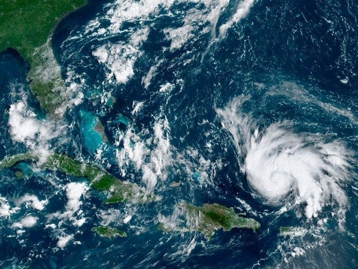 This satellite image shows Hurricane Dorian's path moving over open waters of the Atlantic Ocean.