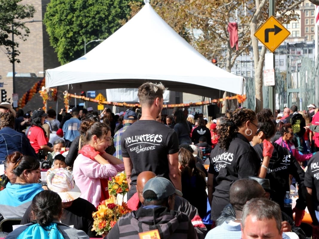 Thousands of homeless and needy people and families were being treated to free Thanksgiving meals Wednesday during the annual holiday feast at the Los Angeles Mission along skid row.