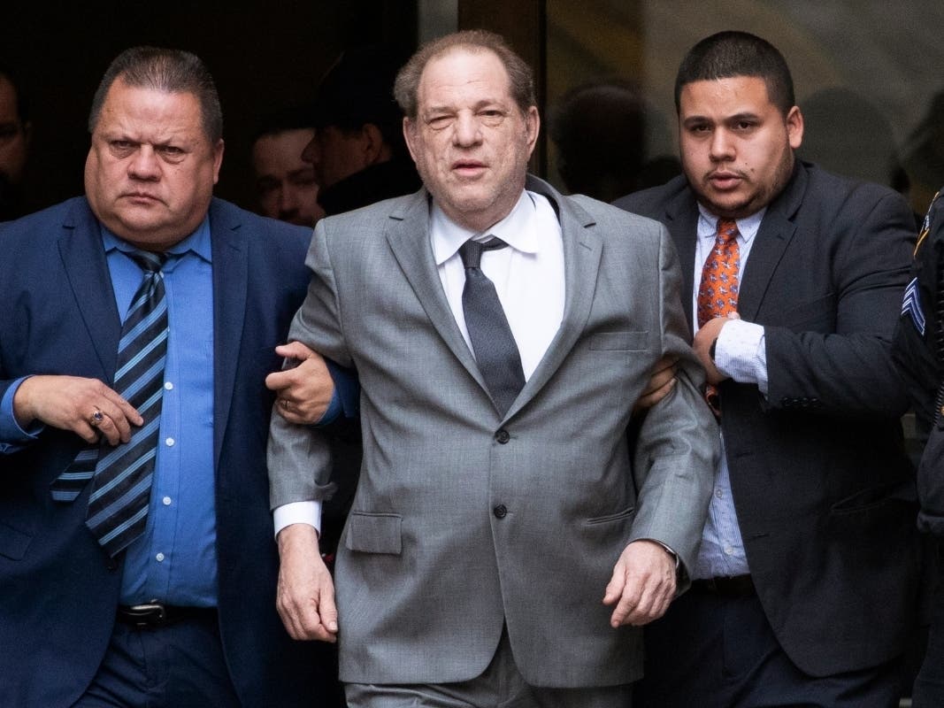 This Dec. 6, 2019 file photo shows Harvey Weinstein, center, leaving court following a bail hearing in New York. A former model who accused Weinstein last year of sexually abusing her when she was 16 filed a new lawsuit against him Thursday, Dec. 19.