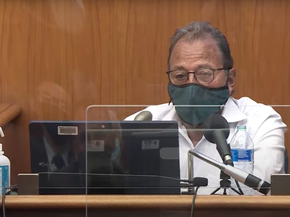 Douglas Durst, testifies at his brother's murder trial in Los Angeles Superior Court in Inglewood, Calif. on Monday, June 28, 2021. The estranged brother of murder suspect Robert Durst has reluctantly testified that the two never got along.