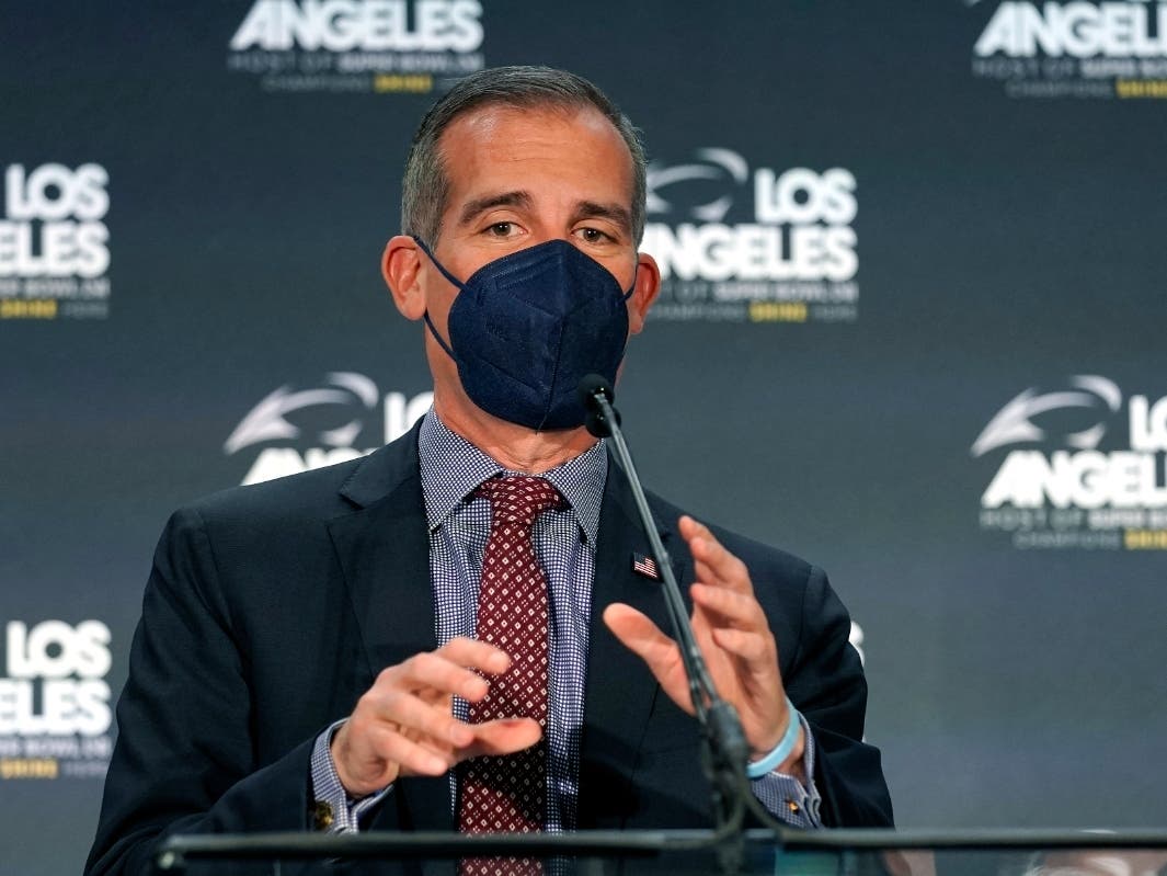 File: Los Angeles Mayor Eric Garcetti speaks during a Super Bowl Host Committee news conference, Monday, Feb. 7, 2022. A former spokeswoman filed a complaint, accusing the mayor of lying under oath about sexual harassment allegations against an aide.