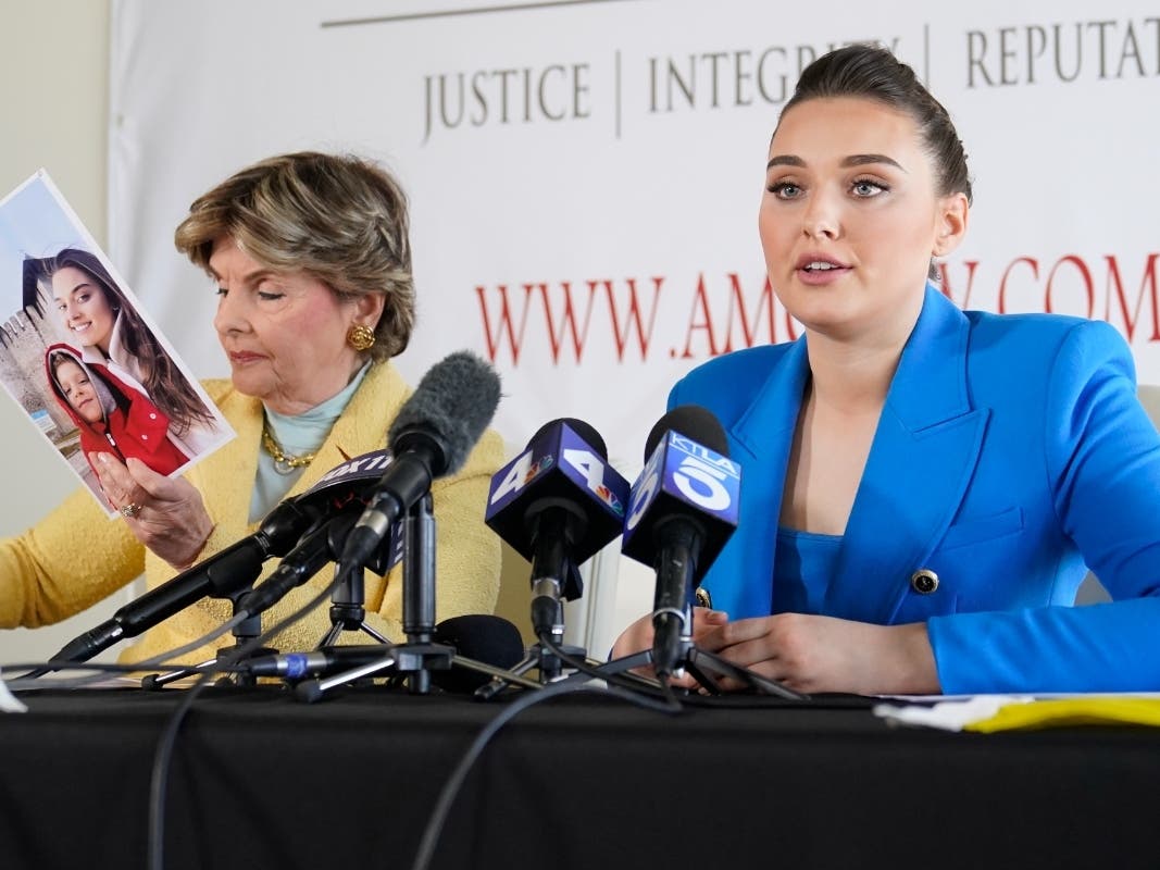 Veronika Didusenko, Miss Ukraine 2018, describes how she was forced to flee from Ukraine with her 7-year-old son, during a news conference at the office of her women’s rights attorney Gloria Allred, in Los Angeles, Tuesday, March 8, 2022.