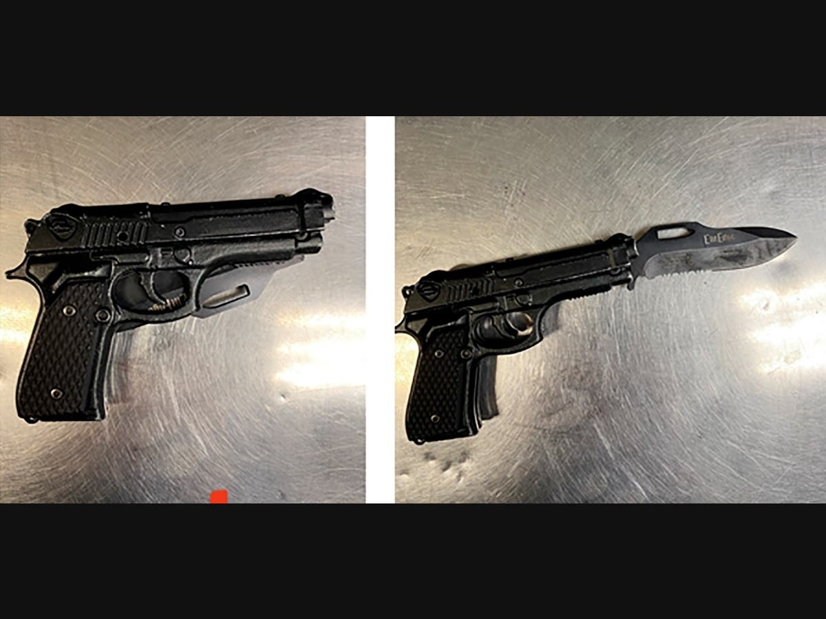 This photo combination provided by the Los Angeles Police Department shows the fake handgun with the real knife blade inside that was taken from the man who attacked comedian Dave Chappelle at the Hollywood Bowl, Tuesday, May 2, 2022.