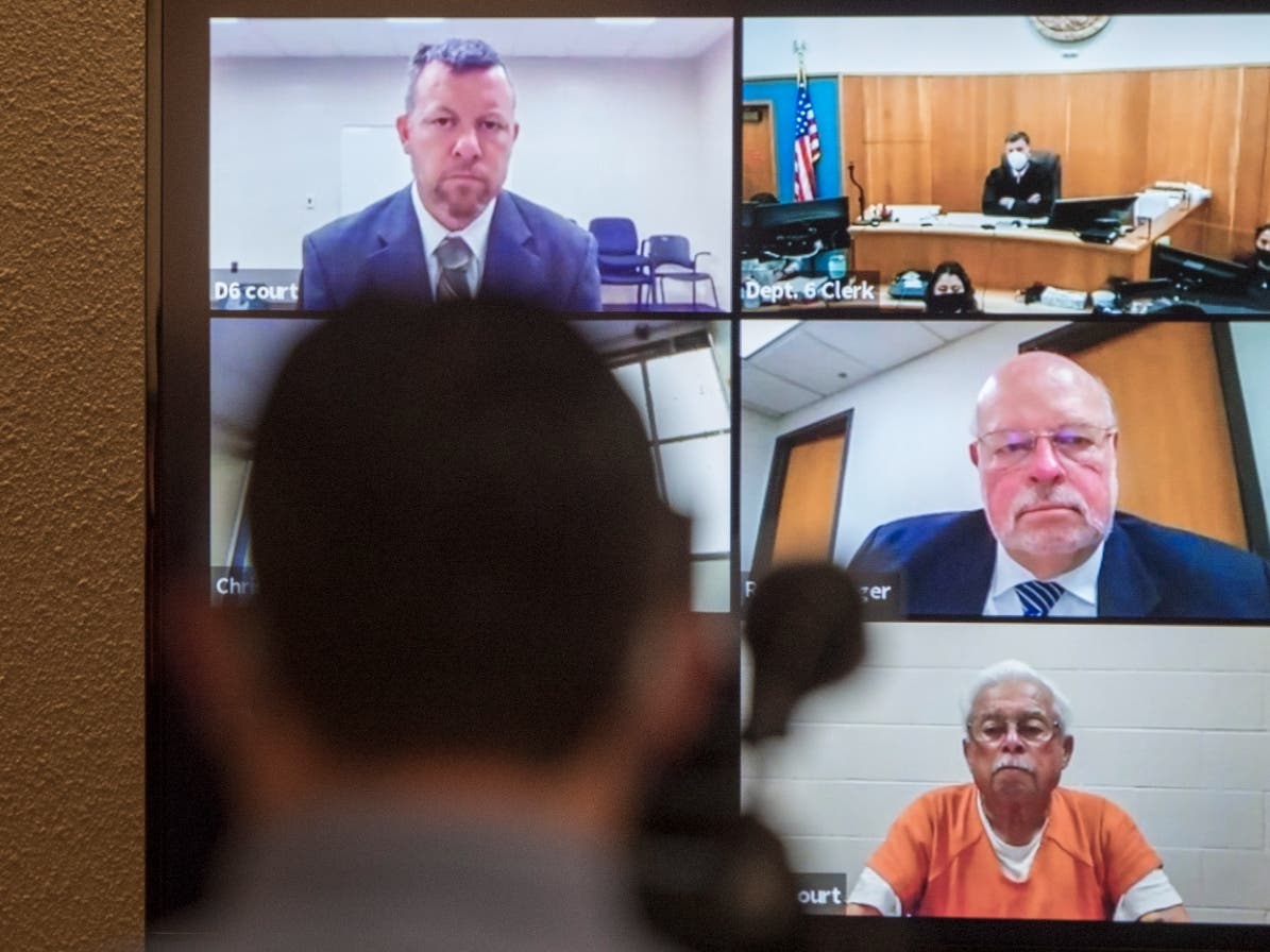 In this April 15, 2021, file photo defendants Paul Flores, top left, and his father, Ruben Flores, bottom right, appear via video conference during their arraignment in San Luis Obispo Superior Court in San Luis Obispo, Calif.