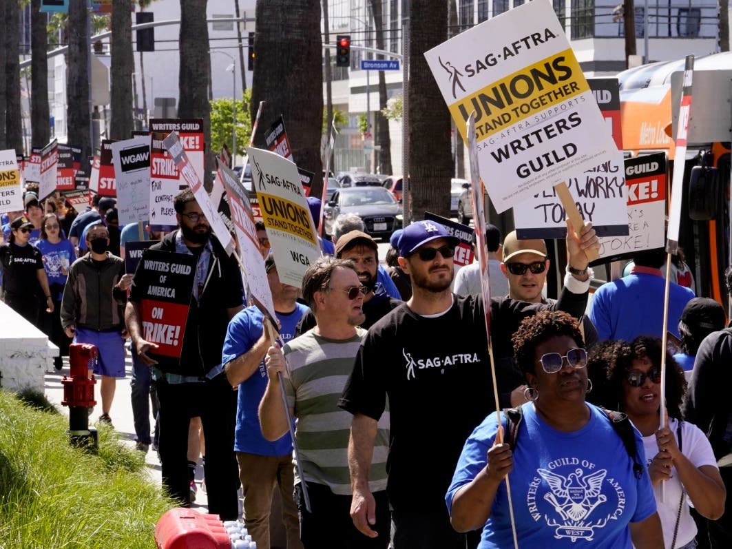 Members of SAG-AFTRA have already joined WGA's pickets, like this one outside the Netflix building in Hollywood on May 2.