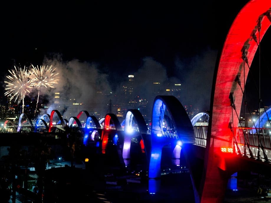 Fireworks go off during opening ceremonies for the Sixth Street Bridge, a viaduct connecting the downtown Arts District with the historic Boyle Heights neighborhood, in Los Angeles on Saturday, July 9, 2022.