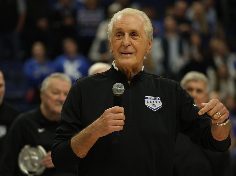 Pat Riley speaks during a reunion of the 1965-66 Kentucky basketball team during halftime of an NCAA college basketball game between Kentucky and Mississippi State in Lexington, Ky., Saturday, Jan. 10, 2026.