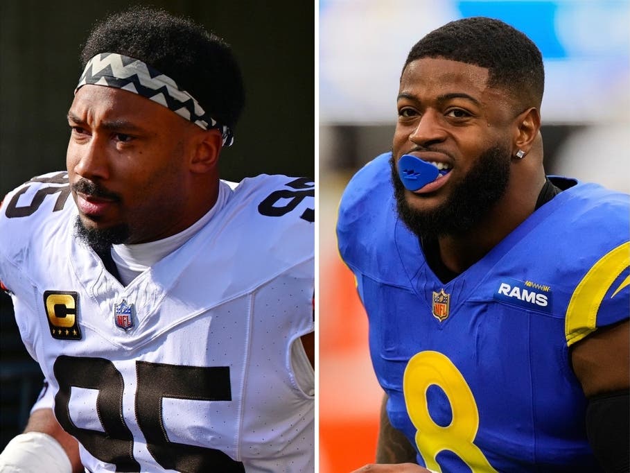 This photo combination shows Cleveland Browns defensive end Myles Garrett, left, in Cincinnati, Jan. 4, 2026, and Los Angeles Rams linebacker Jared Verse, Jan. 4, 2026, in Inglewood, Calif.
