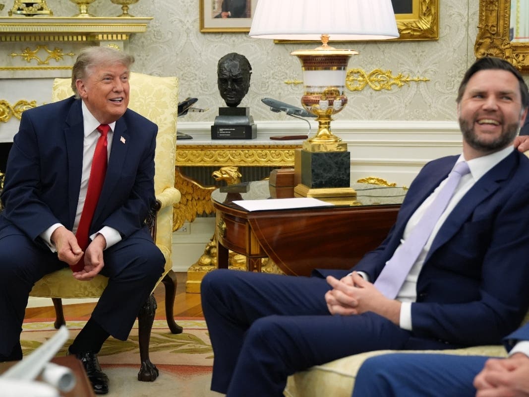 President Donald Trump and Vice President JD Vance smile during a meeting. 