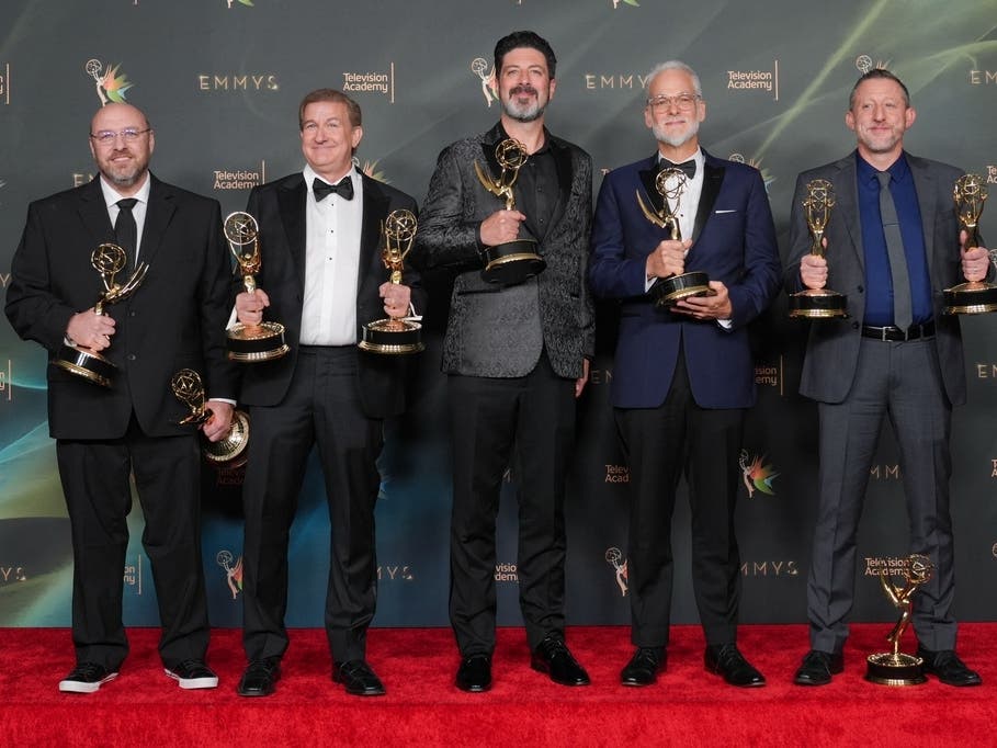 The team from "Widow's Bay" poses in the press room with the award for outstanding sound mixing for a comedy or drama series (half-hour) and animation during night two of the Creative Arts Emmy Awards on Sunday, Sept. 6, 2026, in Los Angeles. 