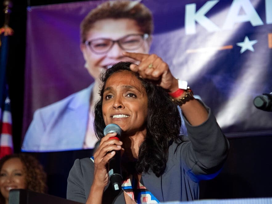 Los Angeles City Council Member Nithya Raman speaks during the Karen Bass election night party at the W Hotel Tuesday, June 7, 2022, in Hollywood.