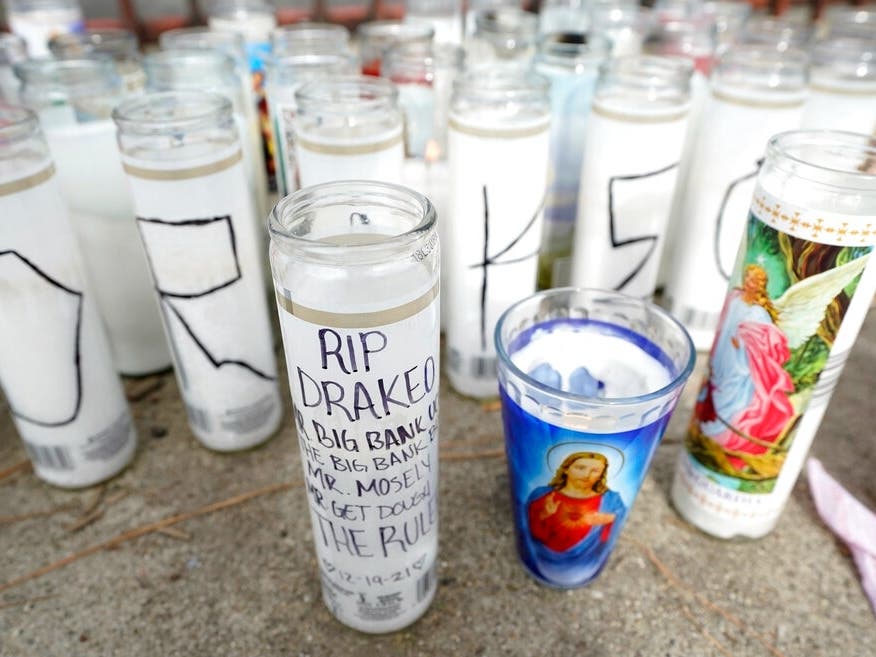 A makeshift memorial for the late West Coast rapper Drakeo The Ruler is pictured outside Banc of California Stadium, Monday, Dec. 20, 2021, in Los Angeles. The rapper was fatally stabbed in an altercation at the Once Upon a Time in LA music festival.