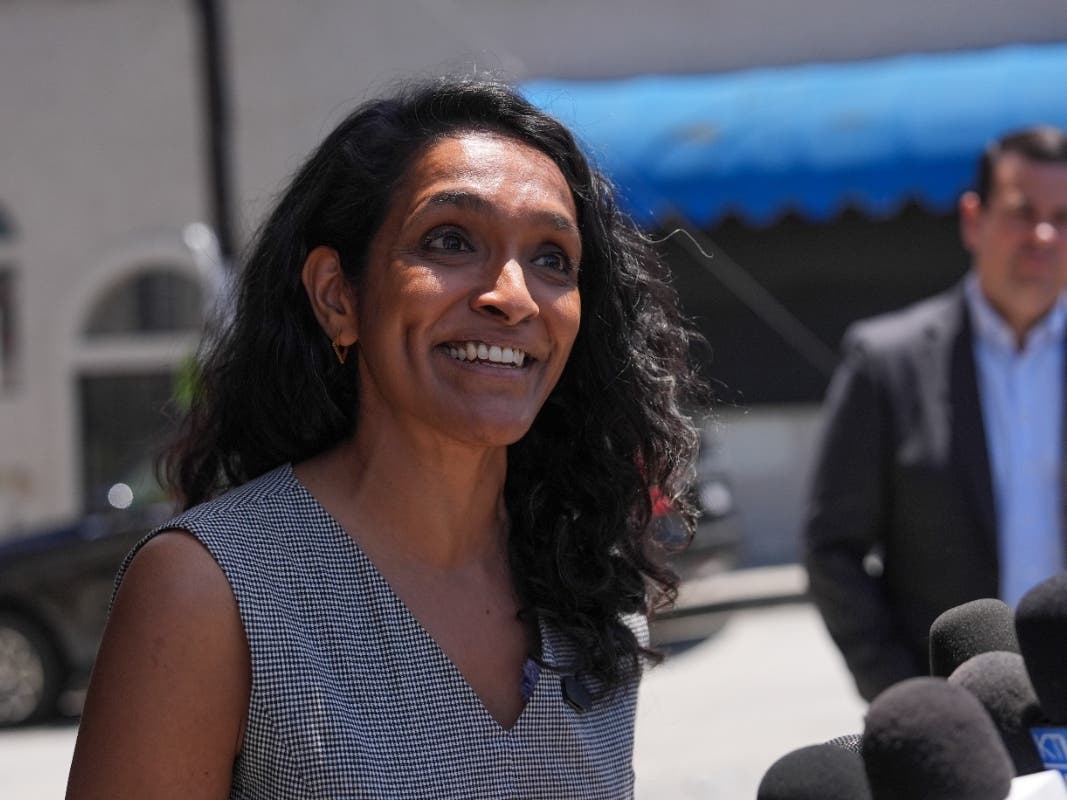 Los Angeles mayoral candidate Nithya Raman talks to reporters after a campaign event in Los Angeles, June 1, 2026.