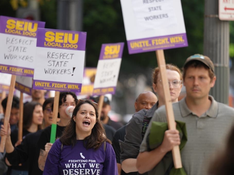 People protest in support of SEIU Local 1000 state workers during a one-day strike on Wednesday, Oct. 21, 2026, in Los Angeles.