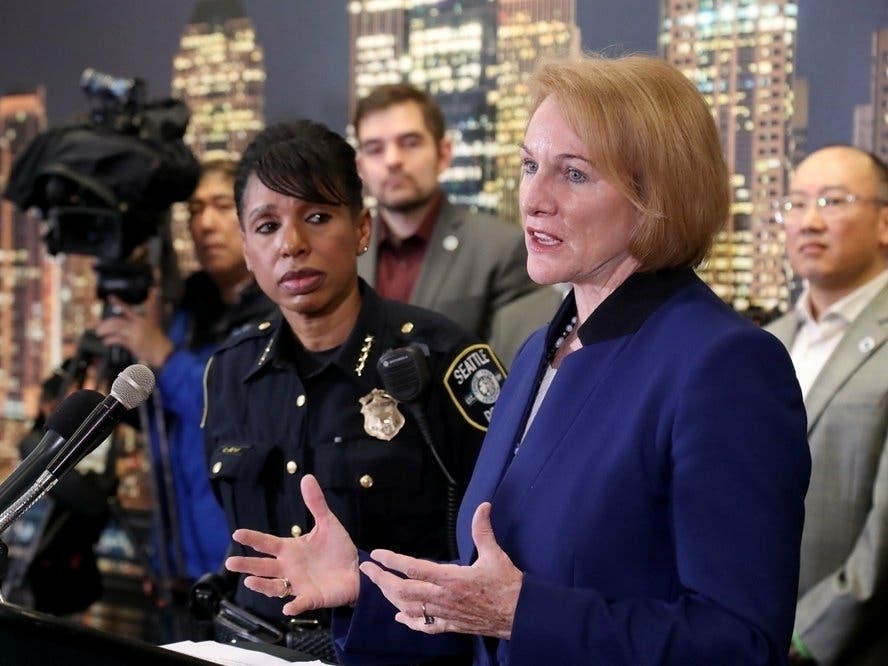 Mayor Jenny Durkan is joined by several city leaders for a lengthy press conference Thursday at Seattle Police Department headquarters.