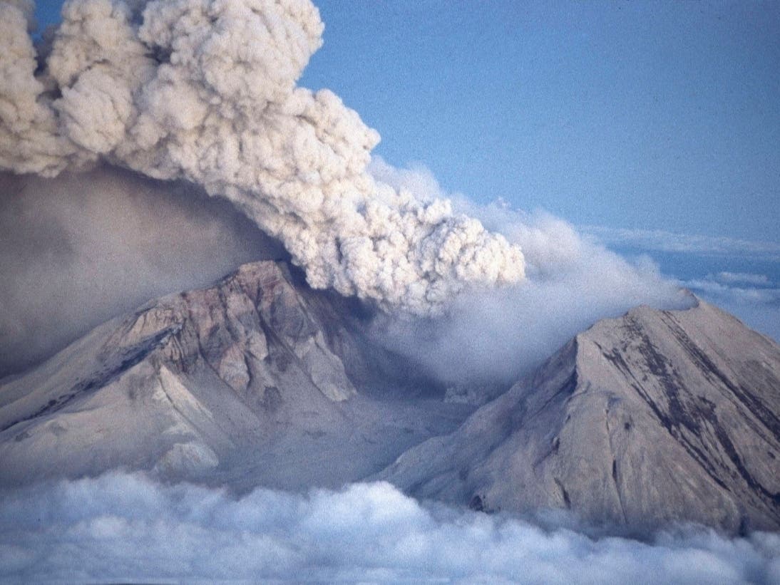 Volcanic ash and steam rises from Mount St. Helens, Wash., as it erupted, May 18, 1980.