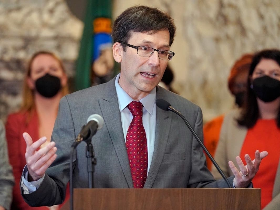 Washington Attorney General Bob Ferguson speaks March 23, 2022, at the Capitol in Olympia, Wash.