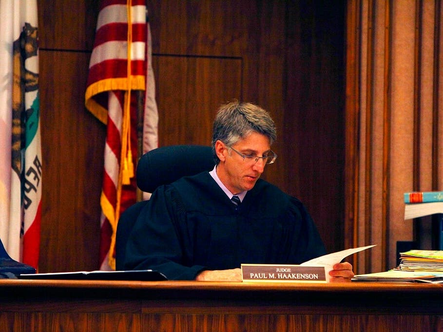 Judge Paul Haakenson presides over an arraignment for Max Wade (not shown) in Department C in Marin County Superior Court on Thursday, May 10, 2012, in San Rafael.