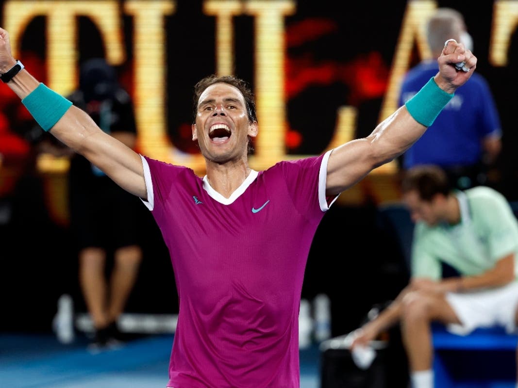 Rafael Nadal of Spain celebrates his win last month over Daniil Medvedev of Russia in the men's singles final at the Australian Open tennis championships in Melbourne, Australia.