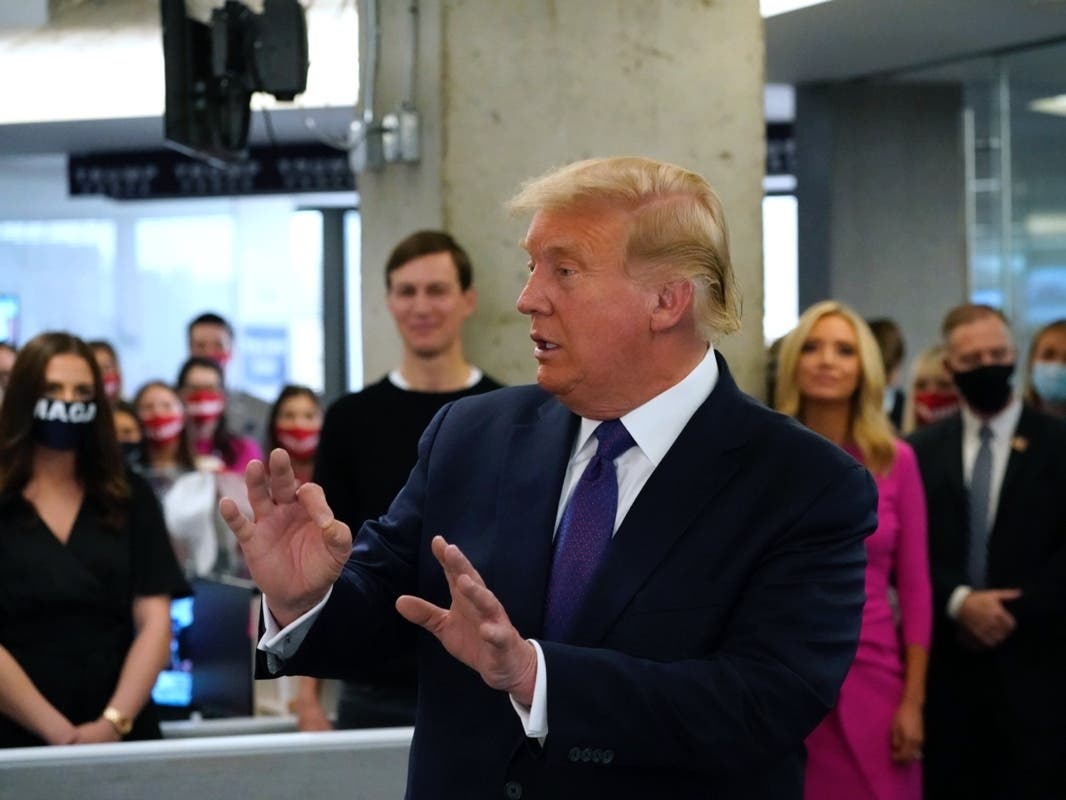 President Donald Trump speaks at the Trump campaign headquarters on Election Day, Tuesday, Nov. 3, 2020, in Arlington.