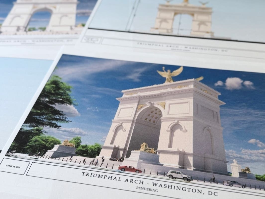 Artist renderings and diagrams for President Donald Trump's new triumphal arch released by the U.S. Commission of Fine Arts that is planned to be built in Washington between the Lincoln Memorial and Arlington National Cemetery.